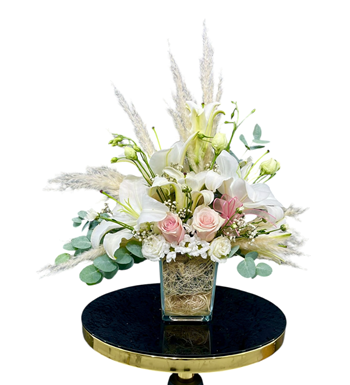 lilyum aranjmanı, cam vazo çiçek, pembe gül aranjmanı, 