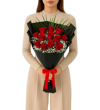 12 adet kırmızı gül, kırmızı gül buketi, sevgiliye çiçek 