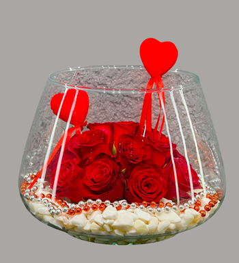 Akvaryum Cam Gül Kırmızı Gül Aranjmanı Aşk Çiçeği 
